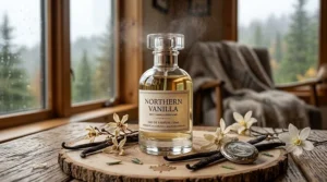 A beautifully wrapped perfume gift box with a festive red ribbon, styled next to a vanilla fragrance mist bottle and winter holiday decorations.
