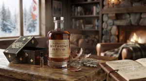 Artistic representation of bilingual English and French product packaging for the rum scented best whisky perfume popular in Canada.