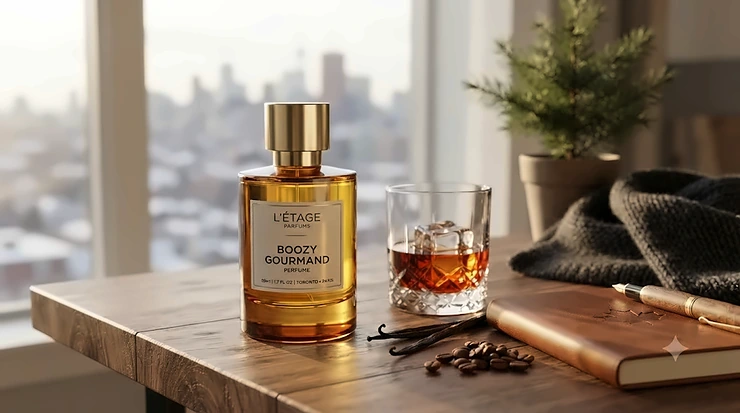 A luxury bottle of boozy gourmand perfume featuring warm vanilla and amber notes, styled for Canadian fragrance lovers seeking cozy winter scents.