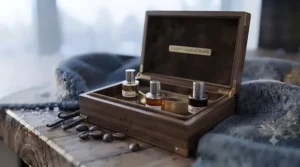 Holiday gift box illustration featuring a popular Canadian winter choice: a decadent boozy gourmand perfume.