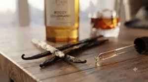 Botanical illustration of vanilla pods and dark rum notes key to crafting a rich boozy gourmand perfume.