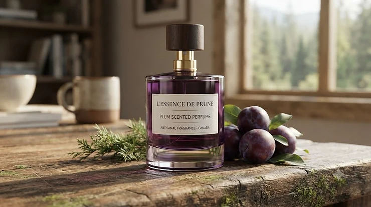 Elegant bottle of plum scented perfume resting on natural cedarwood, capturing a sophisticated Canadian fragrance style.