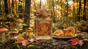 A sleek, minimalist Canadian perfume bottle design featuring an elegant embossed maple leaf emblem, showcasing a golden-hued fragrance.