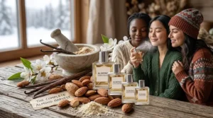 A chic person wearing a knit toque applies almond scented perfume in an urban Canadian setting like Montreal or Toronto during autumn.