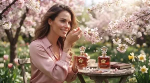 Illustration of a woman wearing floral cherry perfume in spring.
