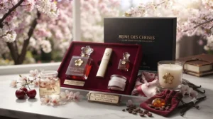 Illustration of a cherry perfume gift set for Canadian holidays.