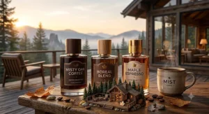A fragrance notes diagram illustrating the blend of espresso, vanilla, and sweet maple that makes up the best coffee perfume profile for Canadians.