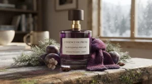 Cozy autumn lifestyle illustration featuring a scarf and a bottle of warm plum scented perfume for chilly Canadian weather.