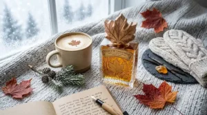 A flat-lay illustration of a winter lifestyle in Canada, featuring a knit sweater, a hot mug, and a bottle of maple scented perfume.
