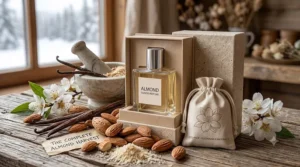 An organic and sustainable almond scented perfume in biodegradable packaging, reflecting eco-conscious Canadian beauty values.