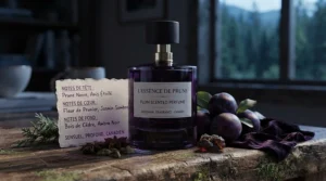 Moody evening aesthetic moodboard featuring deep purple tones and a sensual bottle of dark plum scented perfume.