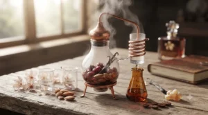 Illustration representing the distillation of fresh cherries.