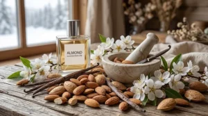 Photorealistic close-up of almond perfume next to fresh French-Canadian pastries and marzipan, highlighting the sweet goumand accord.