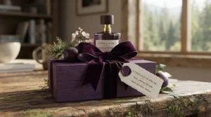 Holiday gift box wrapped with a velvet ribbon, showcasing a popular plum scented perfume gift set in Canada.