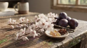 Delicate vector sketch of plum blossoms, highlighting the floral heart notes of a signature plum scented perfume.