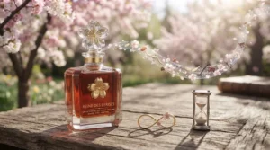 Stylized illustration of a cherry perfume bottle lasting all day.