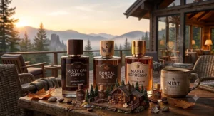 An abstract conceptual illustration representing the long-lasting wear and excellent sillage of the best coffee perfume on the Canadian market.