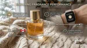 Infographic demonstrating the long-lasting wear of a marshmallow gourmand perfume formulated to endure crisp Canadian winter weather.