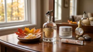 A chic vanity table arrangement featuring a signature maple scented perfume bottle next to modern Canadian beauty products and fresh autumn decor.