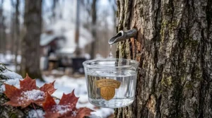 A stylized illustration of a traditional Canadian sugar bush tree tap, representing the natural sap inspiration behind a maple scented perfume.