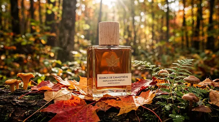 A luxury glass bottle of maple scented perfume resting on a bed of crisp, golden-red Canadian maple leaves in an autumn forest in Quebec.