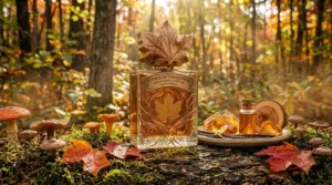 A conceptual vector graphic illustrating the warm, cozy scent projection and long-lasting sillage of a premium maple scented perfume.