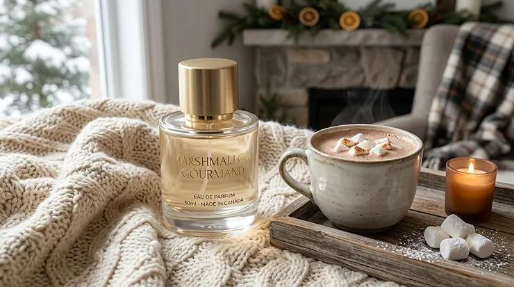 Luxury bottle of marshmallow gourmand perfume on a cozy knit blanket next to a warm drink, capturing the perfect Canadian winter fragrance aesthetic.