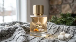 Olfactory fragrance pyramid diagram showing notes of toasted marshmallow, rich vanilla, and warm amber for a premium gourmand perfume.