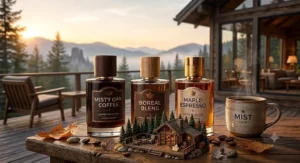 Elegantly styled boutique display illustration highlighting the best coffee perfume—le meilleur parfum au café pour le marché canadien.