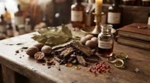 Artistic layout of natural spices and aged oak used in crafting artisanal rum scented perfume.
