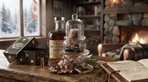 An olfactory pyramid chart detailing the top, heart, and base notes of the rum scented best whisky perfume.
