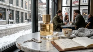 Flacon de parfum gourmand à la guimauve sur une table de café à Montréal, une fragrance sucrée et réconfortante pour l'hiver canadien.