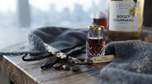 Artistic graphic celebrating parfum gourmand et alcoolisé trends popular among Canadian and Quebecois perfume enthusiasts.