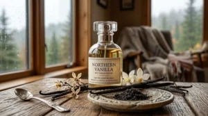 An artistic flat lay illustration showcasing a sweet gourmand vanilla perfume bottle nestled next to French-Canadian style maple-infused pastries and vanilla beans.
