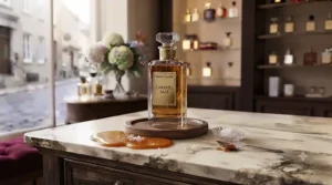 Elegant golden caramel swirl texture for fragrance branding.