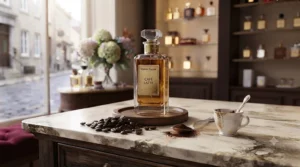 Freshly roasted coffee beans alongside a scent bottle.