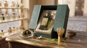 Sophisticated gift box containing artisan pastry gourmand perfume.