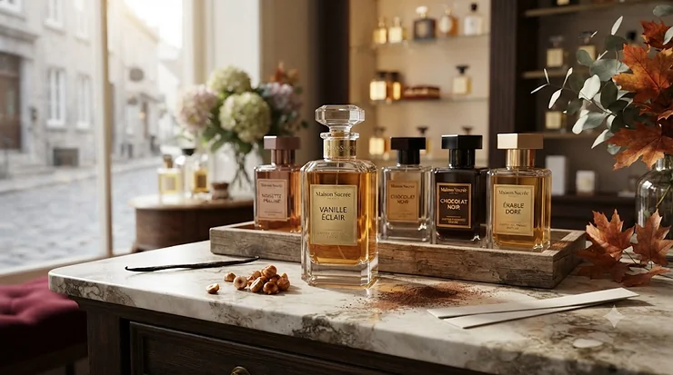 Luxurious pastry gourmand perfume bottles on a velvet tray.