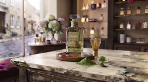 Vibrant matcha powder and tea whisk for an earthy gourmand scent.