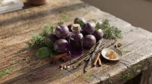 Flat lay illustration of fresh purple plums, vanilla pods, and warm spices used in artisanal plum scented perfume.