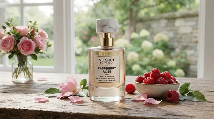 Elegant bottle of Canadian-crafted raspberry rose perfume resting on a minimalist surface with fresh rose petals and wild raspberries.