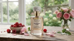 Botanical illustration showing the fragrance notes of raspberry rose perfume, featuring fresh red raspberries, damask roses, and warm vanilla.