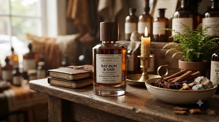 Luxury bottle of rum scented perfume displayed against a minimalist backdrop, popular across Canada for its warm, woody notes.