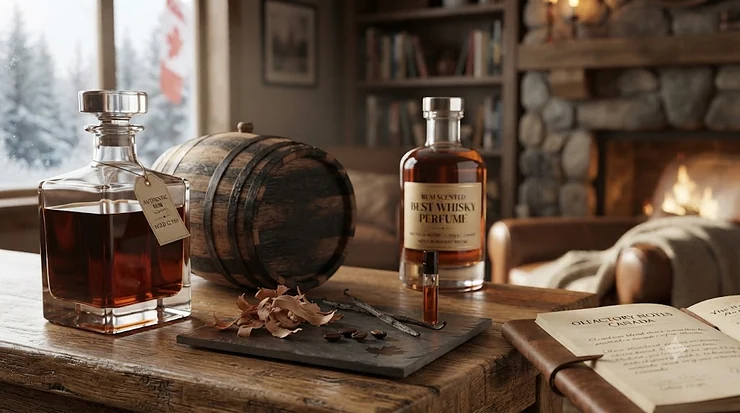 Flat lay illustration showing aged oak barrels, dark rum, and single malt ingredients used in crafting the rum scented best whisky perfume.