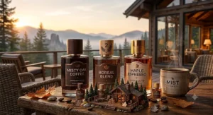 A rustic Canadian cabin illustration capturing the outdoorsy, warm wood and espresso notes of the best coffee perfume for nature lovers.