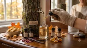 A green and gold graphic emphasizing the sustainable sourcing of organic ingredients used to craft a cruelty-free maple scented perfume in Canada.
