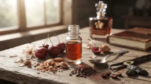 Illustration showing cherry scent notes like almond and vanilla.