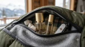 Travel-size marshmallow gourmand perfume spray tucked inside a winter jacket pocket, perfect for a cozy weekend getaway in Whistler or Banff.