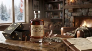 Lifestyle illustration of a sophisticated amber-hued rum scented best whisky perfume suited for modern Canadian fragrance connoisseurs.