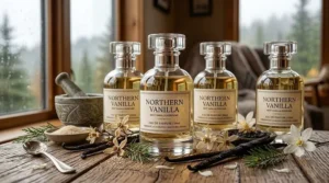 A clean infographic diagram mapping how vanilla acts as a strong base note beneath citrus top notes and floral heart notes in top-rated perfumes.